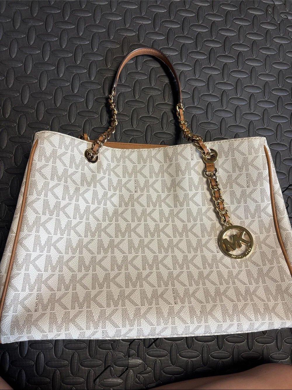 Michael Kors White and Brown MK Logo Chain-Handle Tote